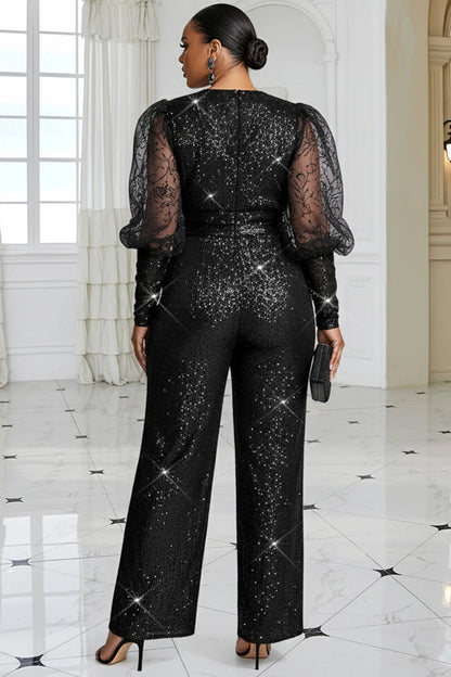 Plus Size Formal Black V Neck Puff Sleeve Long Sleeve See Through Elegant Pocket Tulle Sequin Jumpsuits