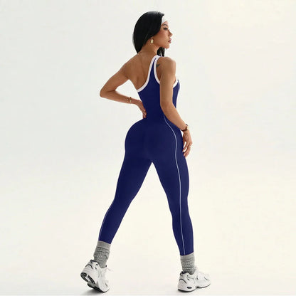 Women Sports One Shoulder Jumpsuits Tracksuits Yoga Pants Bodysuits Line Workout Fitness Gym Training Athletic Tights Suits