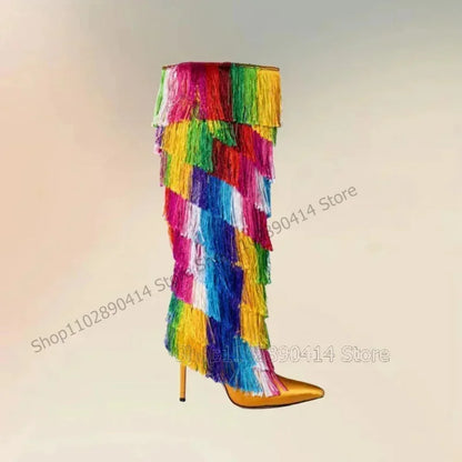 Colorful Tassels Design Gold Pointed Toe Boots Slip On Women Shoes Thin High Heels Party Banquet Dating 2024 Zapatos Para Mujere