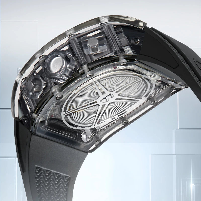 BONEST GATTI Men Automatic Watch Tonneau Mechanical Wristwatch Crystal Case Rubber Band Month Week Date Multi Dial Watches