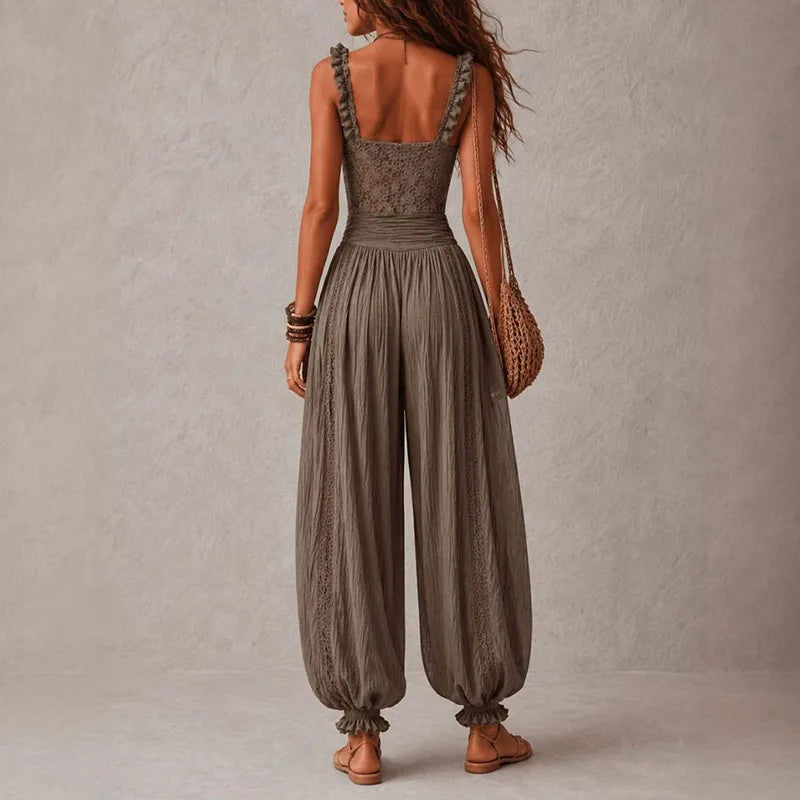Elegant Lace Trim Boho Jumpsuits Sleeveless Ruffle Spaghetti Strap High Waist Panel Crinkle Romper Women Summer Casual Playsuits