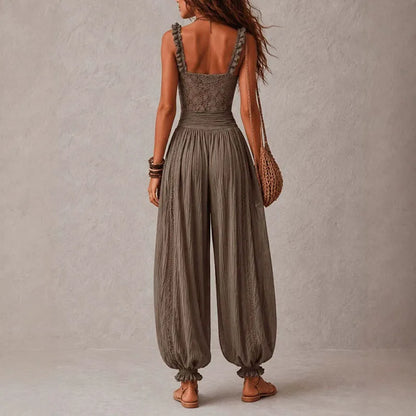 Elegant Lace Trim Boho Jumpsuits Sleeveless Ruffle Spaghetti Strap High Waist Panel Crinkle Romper Women Summer Casual Playsuits