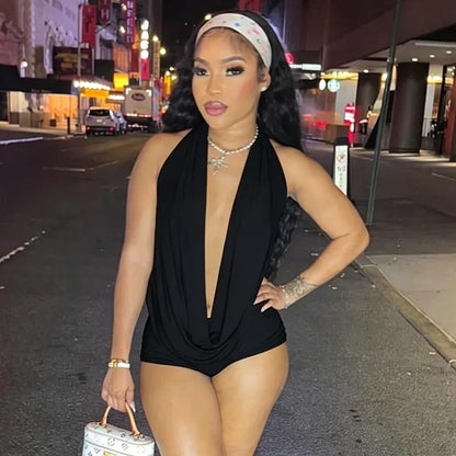 Sexy solid color hanging neck and swinging neck, large backless sleeveless jumpsuit shorts