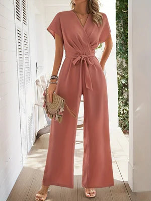 2026 Spring/Summer New Women's V-Neck Tie-Waist Jumpsuit Short Sleeve Wide-Leg Pants Jumpsuit Commuting Vacation Style Elegant Romper