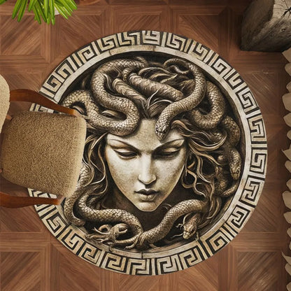 1pc Medusa Greek Myth Round Rug Flannel Ancient Art Floor Mat Bedroom Bathroom Decor Snake Hair Goddess Design Soft Carpet