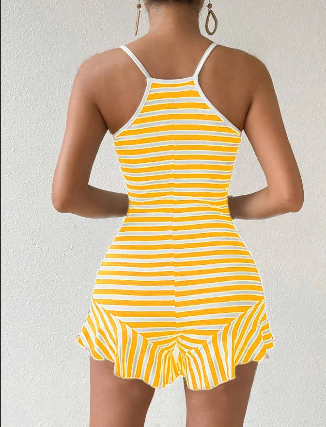 Women Red White Striped Cami Rompers Sleeveless V Neck Flared Hem Short Jumpsuits Summer Casual Bodycon Short Playsuit Female Be