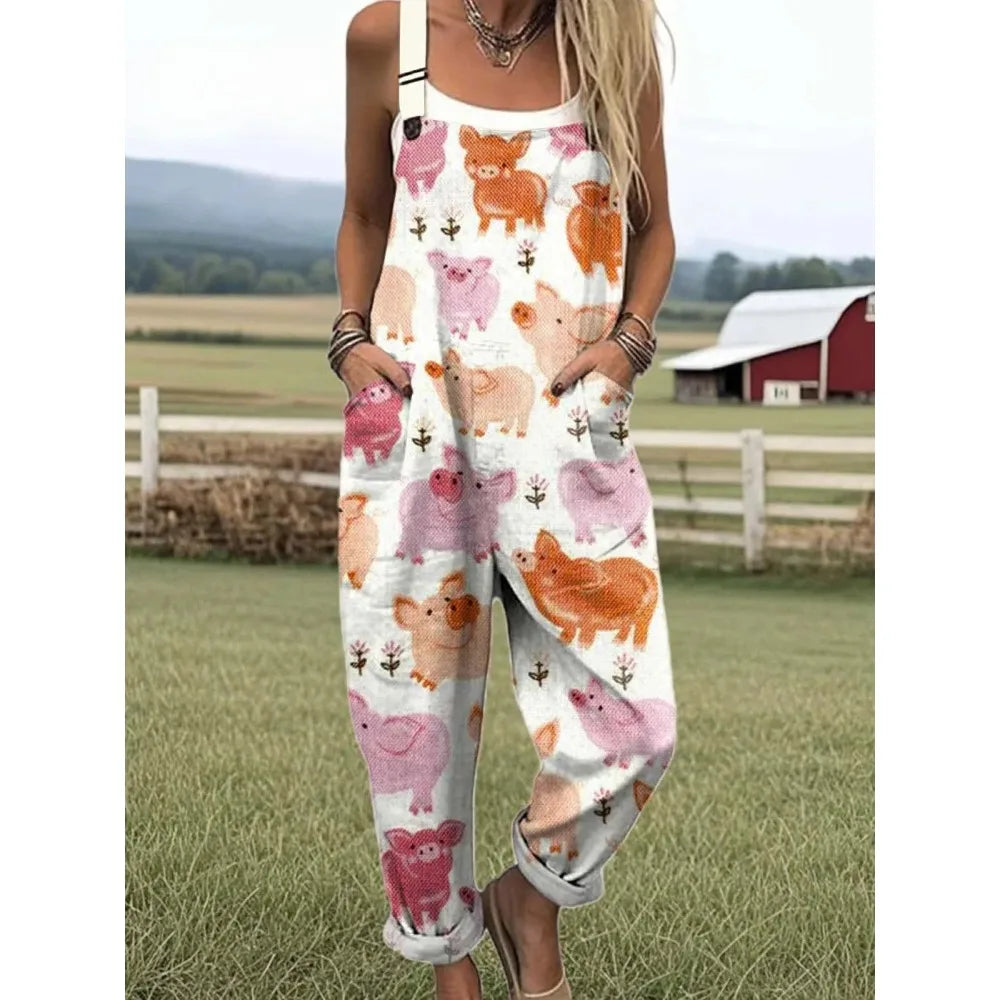Relaxed Fit Women's Overalls with Cute Animals Patterns Fashion Jumpsuits Adjustable Design for Picnics and Country Outings