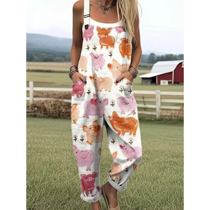 Relaxed Fit Women's Overalls with Cute Animals Patterns Fashion Jumpsuits Adjustable Design for Picnics and Country Outings
