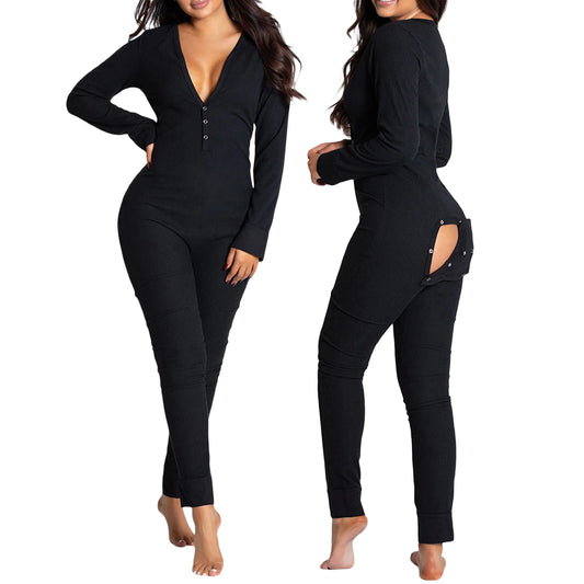 Combhasaki Women Sleeping Rompers Pajamas  Long Sleeve V-Neck Printed Slim Detachable Crotch Elastic Homewear Jumpsuits