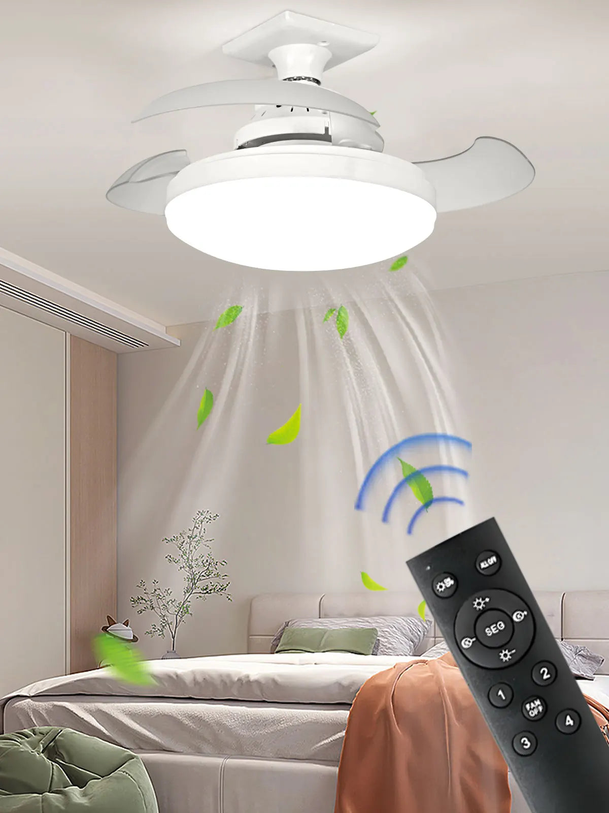 Three-Color Dimming LED E27 Ceiling Fan Lights with Remote Control Silent Dimmable Invisible Fan Light for Living Room Bedroom