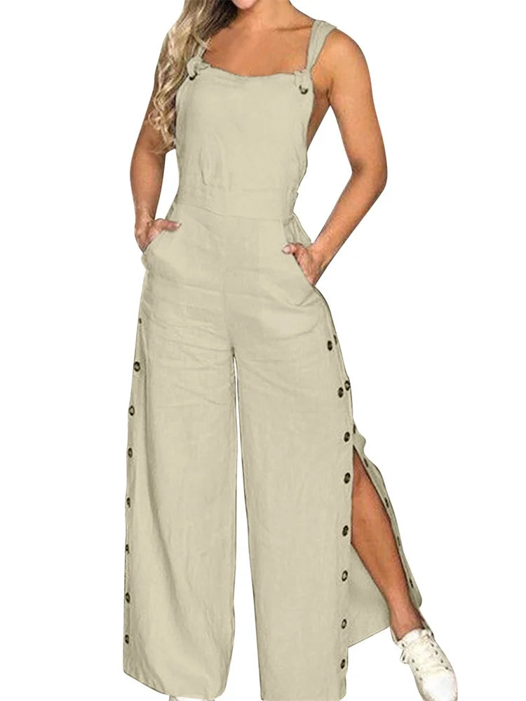 Wmstar Jumpsuit Women Clothing Slip Sleeve Romper Button Side Slip Hem New in Fall Fashion Pockets Pants Wholesale Dropshipping