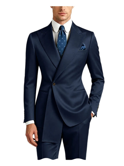 Men's Satin Peak Lapel Tuxedo 2-Piece Suit High Quality Slim Fit One Button Formal Blazer & Pants Luxury Wedding Dinner Suits