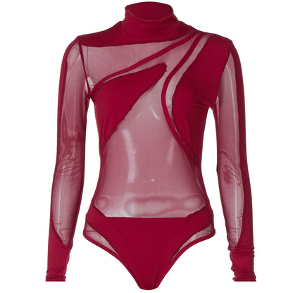 Hugcitar 2024 Turtleneck Long Sleeve Black See Through Sexy Bodycon Bodysuit Spring Summer Women New Outfit Festival Nightclub