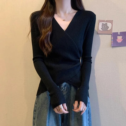 Women Wrap V Neck Ribbed Knit Top Metal Ring Buckle Flare Long Sleeve Slim Sweater