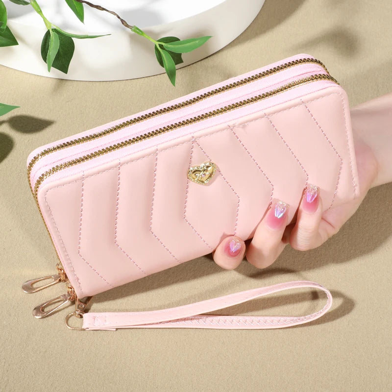 Chic Faux Leather Wallet - Double Zipper Security - Coin Purse & Card Slots - Fashionable Wristband Clutch for Everyday