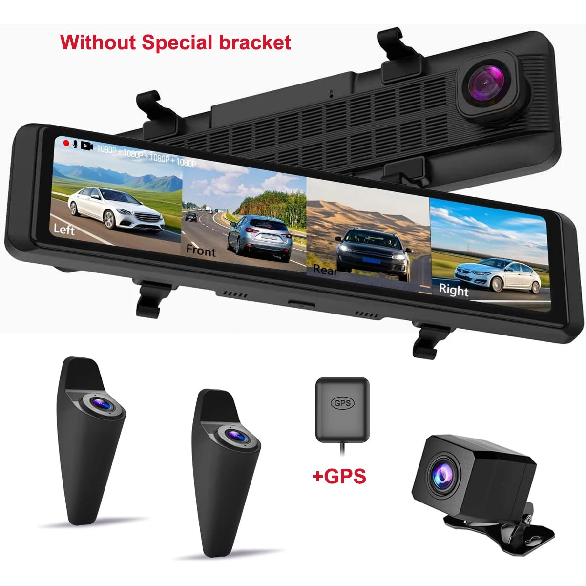 12''Rear View Mirror Camera 4-Channel Mirror Streaming with GPS BSD Blind Spot Detection 4K Front Lens+FHD1080Px3 Reverse Assist