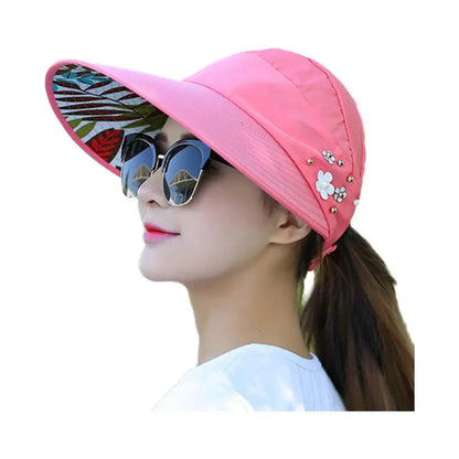 Women Summer Empty Top Sun Protection Cap Large Brim Anti-UV Ponytail Hat For Women Outdoor Travel Beach Visor Fisherman Hats