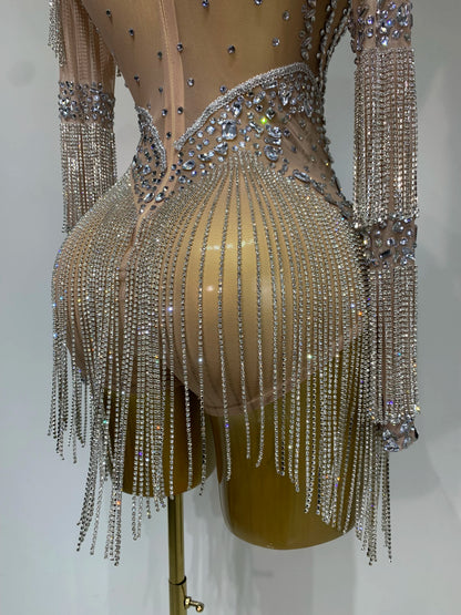 Women Sexy Mesh See Through Performance Dance Nightclub Rompers Singer Stage Outfit Sparkly Rhinestone Bodysuit Birthday Wear
