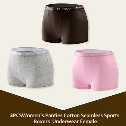 3Pcs Women's Cotton Boxers Panties Seamless Sports Underwear Female Solid Color Briefs Lingerie Intimate Underpant Finetoo S-XXL