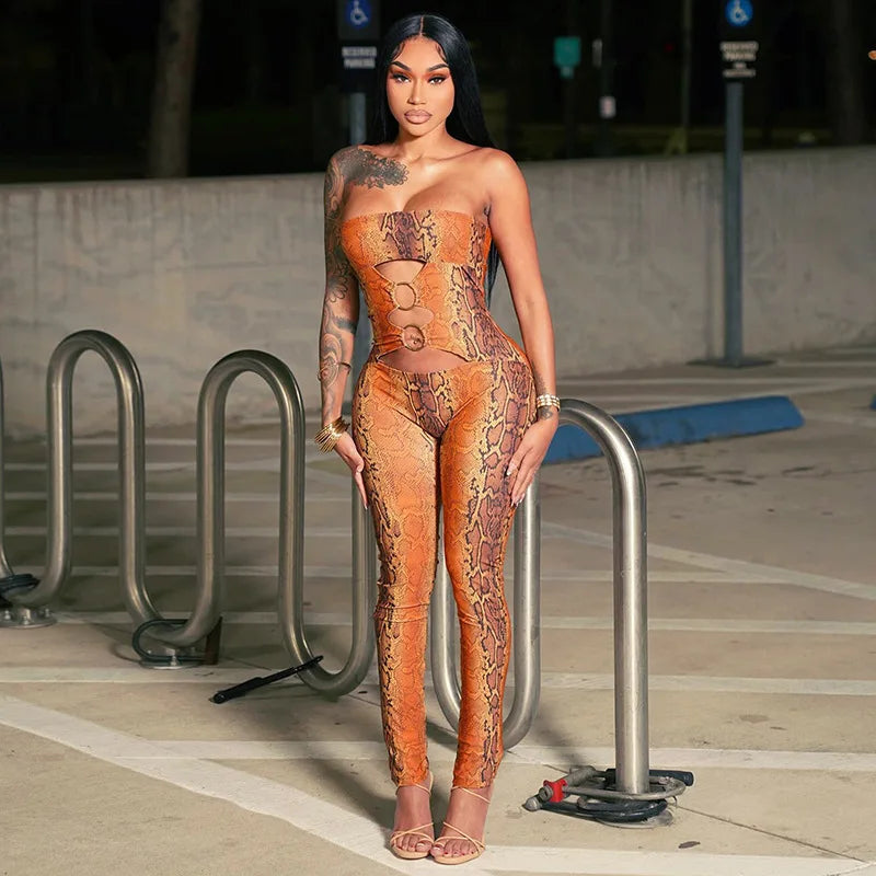 STYLISH LADY Snake Print Strapless Jumpsuits 2026 Women Hollow O Ring Sleeveless Bodycon Sexy Club Party Street Long Jumpsuit