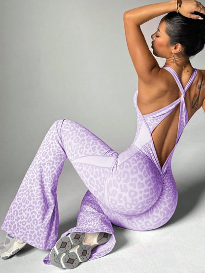 ZHEJIN Leopard Jumpsuit Women Flare Leg Yoga Romper Backless Criss Cross Workout Bodysuit Scrunch Butt Lift Gym Fitness Wear