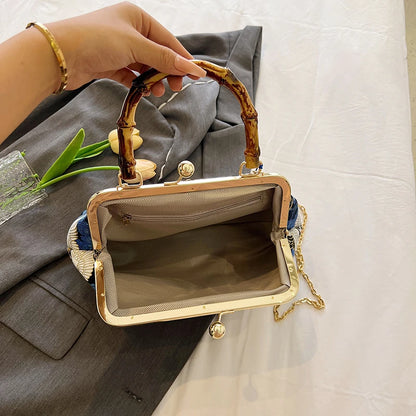 Designer Bamboo Handle Handbag Retro Embroidery Women Evening Bag High-end Nylon Crossbody Bag Luxury Lady Shoulder Bags Satchel