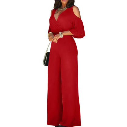 2024 Spring/Summer New Women's jumpsuit loose and elastic V-neck off shoulder waist loose wide leg pants for women's clothing