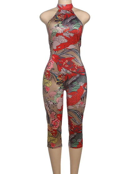 Kliou Colorful Print Playsuits Woman Bandage Halter Backless Skinny Peach Hip Female Midnight Club Party Sexy Fashion Rompers