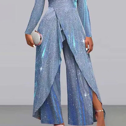 Women Jumpsuit Sexy Off Shoulder Long Sleeve Casual Rompers Irregular Wide Leg Pant Overalls Female Elegant Party Jumpsuits 2025