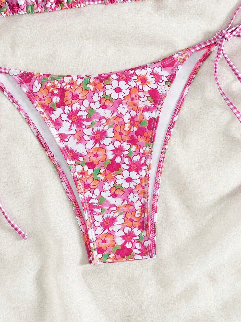 Swimsuit 2026 Female Micro Bikini Women Swimwear Summer Beachwear Women's Bathing Suit Floral Print Neck Halter Thong Bikini Set