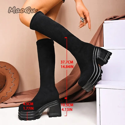Short/Long Suede Leather Black Boots for Women Chunky High Heel Knee-High Boots Wedges Women's Fashion Shoes Size 35 Botas Mujer