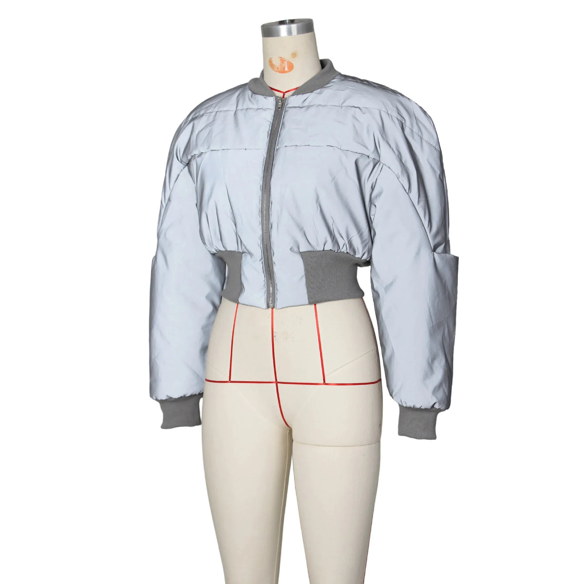 Autumn Winter Cotton Jacket Women's Fashion Round Neck Long-sleeved Zipper Drawstring Waist Warm Casual Reflective Cotton Jacket