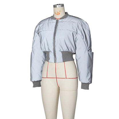 Autumn Winter Cotton Jacket Women's Fashion Round Neck Long-sleeved Zipper Drawstring Waist Warm Casual Reflective Cotton Jacket