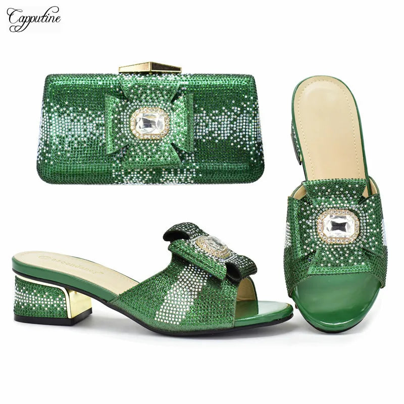 Green Women Shoes And Bag To Match Fashion African Summer Slippers With Clutch Handbag Set Pantoufle Femme Pantofole 938-43 5CM