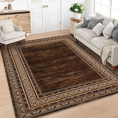 Area Rug 8x10 Washable Rug Brown Modern Living Room Rugs Soft Non Slip Throw Carpet Low Pile Bordered Contemporary Floor Cover for Bedroom Dining Room Foldable Thin Rugs