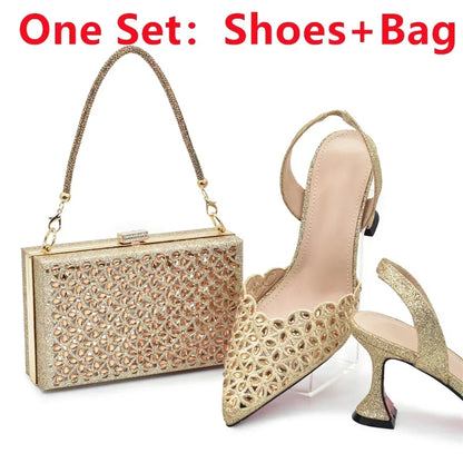 New Arrival Nigeria Women Designer Shoes and Bags Decorated with Rhinestone Wedding Italian Shoes Bag Set Pumps Women Luxury
