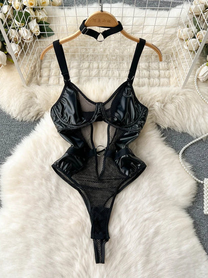 Coquette Lace Lingerie Set Sexy Mesh Bodysuit Valentines Day Sleepwear Gothic Strappy Catsuit Intimate Nightwear Romper