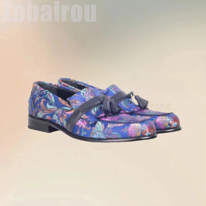 Colorful Floral Print Court Style Tassels Loafers Fashion Slip On Men Shoes Luxury Handmade Party Banquet Dating Men Dress Shoes