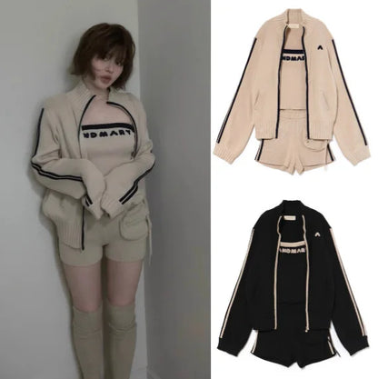 Japanese Spring Autumn 3-piece Set Sweet Striped Zipper Cardigan Tube Top High Waist Shorts Set Y2K Street Style Casual Wear