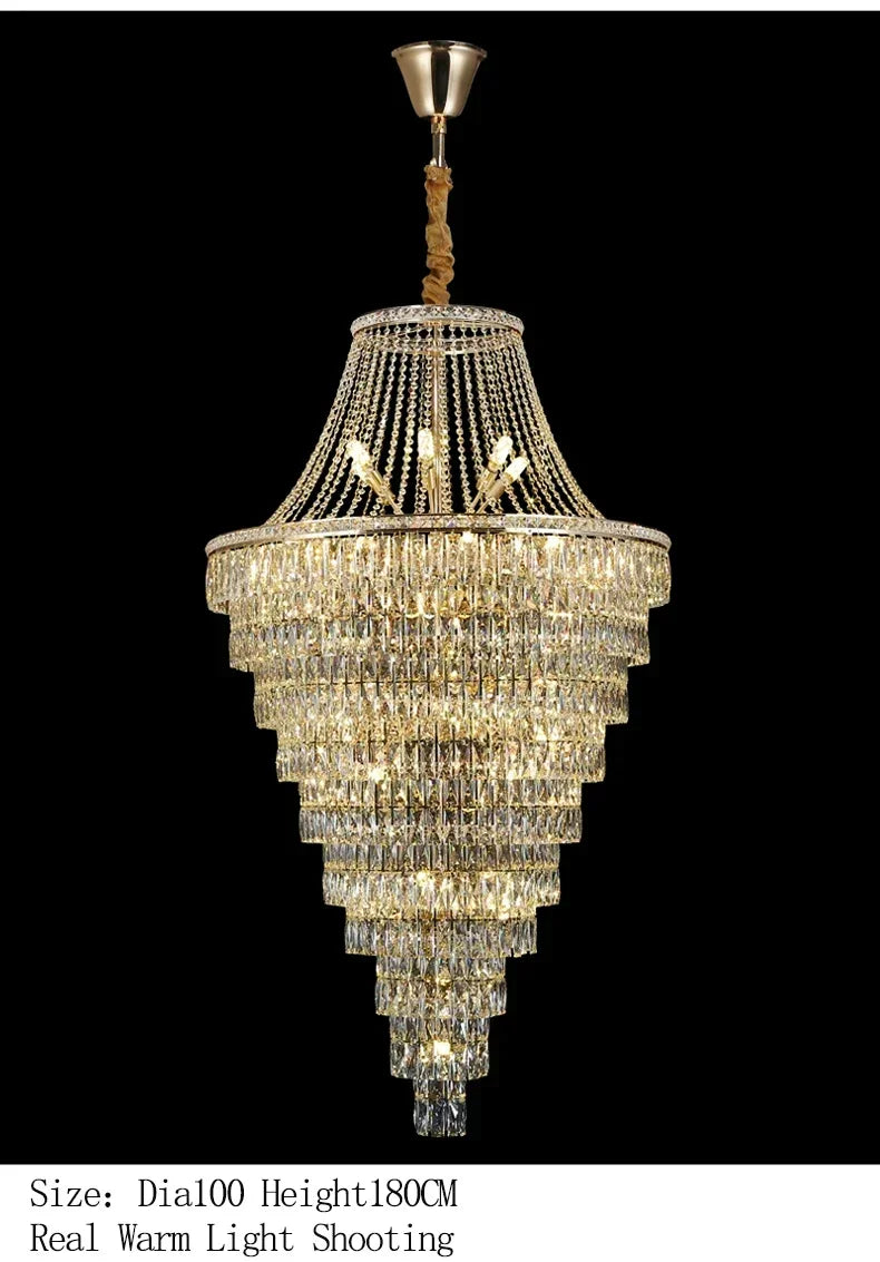 Large Ceiling Long Crystal Chandelier Hotel Lobby Living Room Luxurious Multi Story Staircase Light Golden Stainless Steel Light