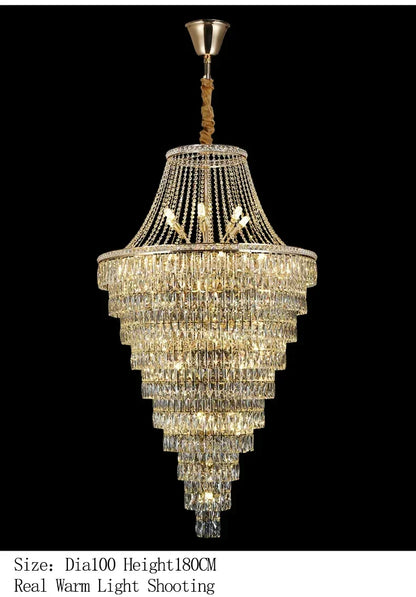Large Ceiling Long Crystal Chandelier Hotel Lobby Living Room Luxurious Multi Story Staircase Light Golden Stainless Steel Light