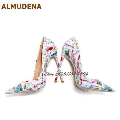 ALMUDENA White Patent Leather Eiffel Tower Red Lips Printed Wedding Shoes 12cm Sky High Heel Pointed Toe Slip-On Banquet Pumps