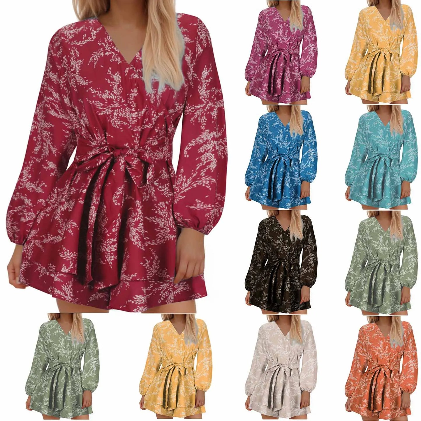Hot-selling Women's Jumpsuits V-neck Flared Sleeves High Waist Plant Printed Pleated Lace-up Fashion High Street Playsuits