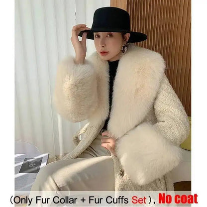 Large Size Winter Real Fur Collar Cuffs Set Neck Warmer Women Fur Shawl Furry Fluffy Fox Fur Scarf Luxury Scarves Coat Decor