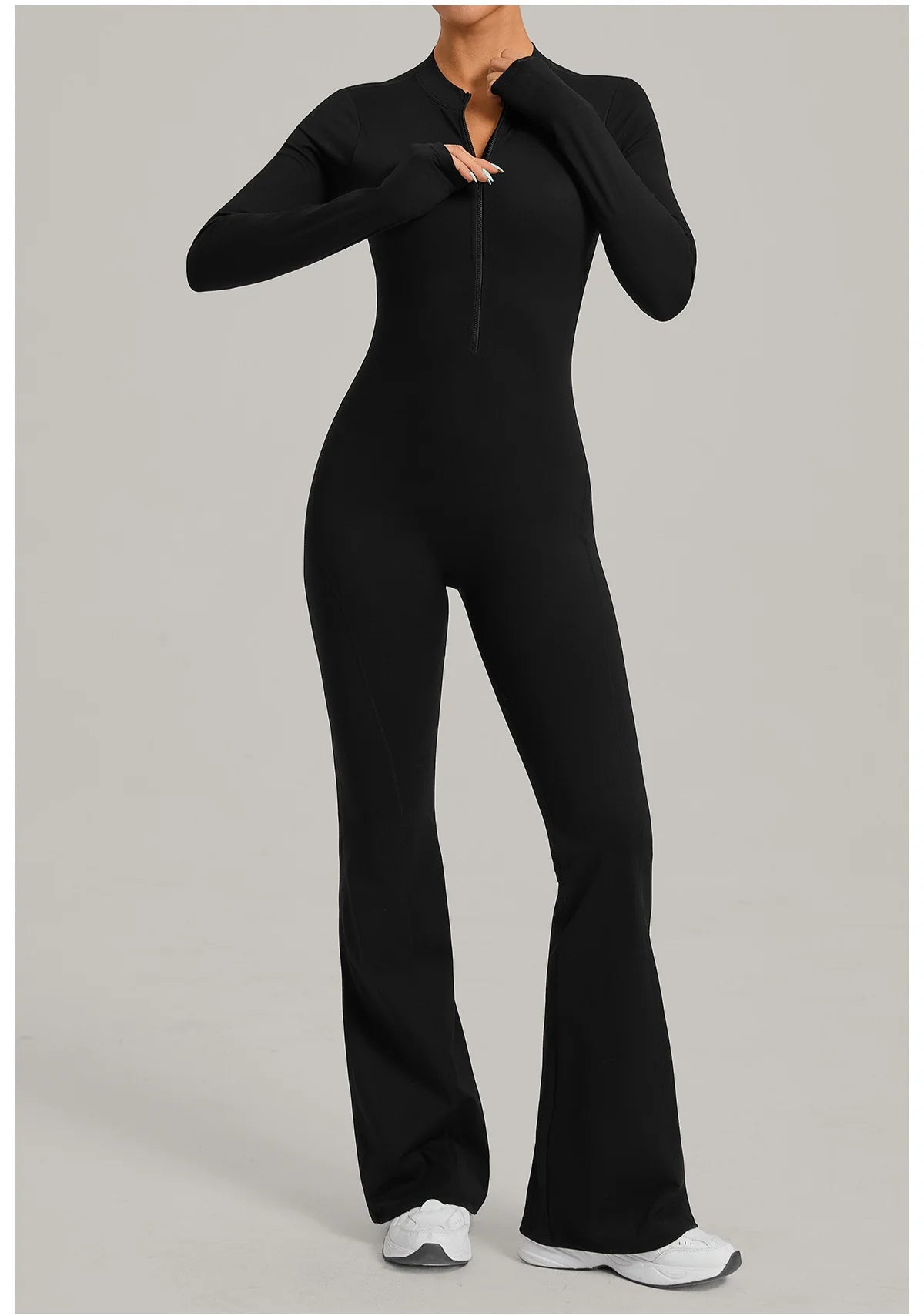Women Long Sleeve Zip Yoga Bodysuit Cutout Back Scrunch Butt Lift Tummy Control Sweat Wicking Fabric Gym Workout Flare Jumpsuit
