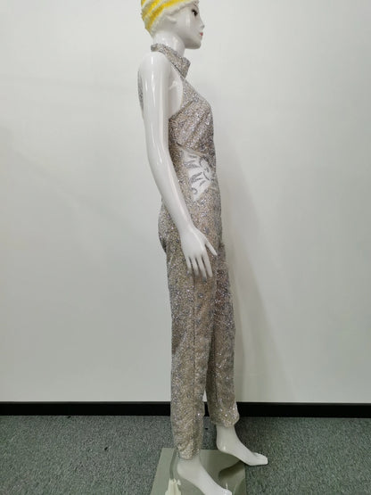 Women's Jumpsuit Sleeveless Halter Neck Jumpsuits Full Length Crystal Romper Fitted Waist Rhinestone Long Jumpsuit For Woman