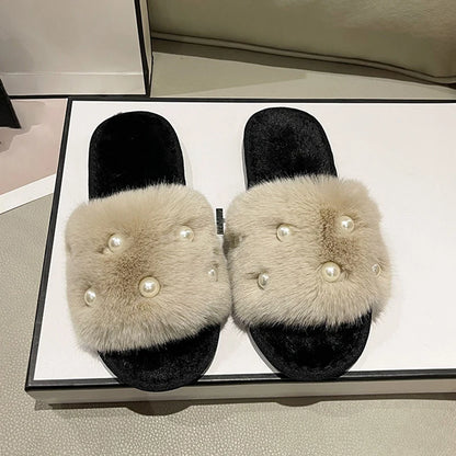 Perle Fluffy Slippers Home Winter Casual Designer Shoes Women 2025 New Luxury Indoor Plush Slides Girls Fashion Elegant Footwear