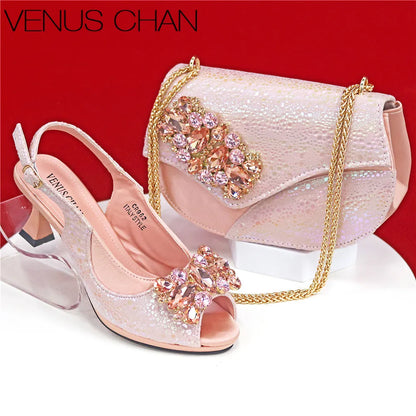 Elegant Orange Color 2025 Rhinestone High-Heels Shoes & Handbag Set – Luxury Wedding & Party Accessories
