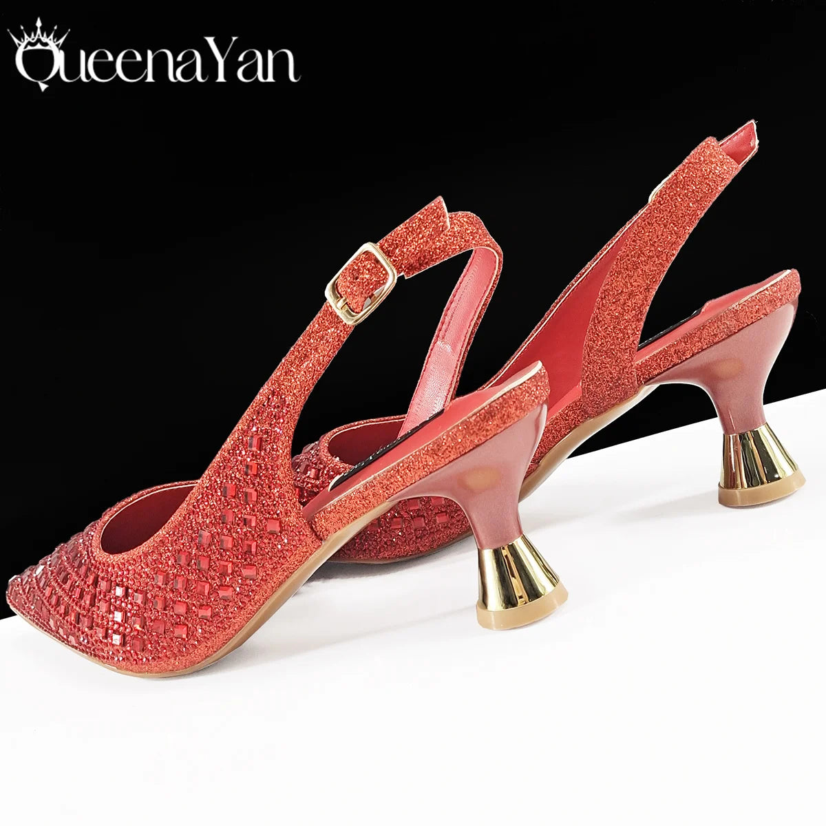 Queena Yan 2026 Italian Design Rhinestone Luxury Navy Blue Pointed Toe Shoe & Bag Set Women High Heels for Parties High Quality