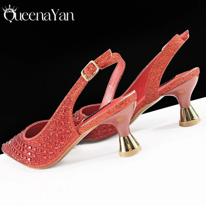 Queena Yan 2026 Italian Design Rhinestone Luxury Navy Blue Pointed Toe Shoe & Bag Set Women High Heels for Parties High Quality